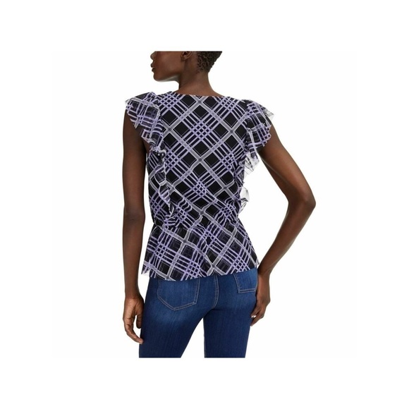 139. NWT INC Plaid Purple/ White Clinch Waist Raw Hem Top - Picture 8 of 8